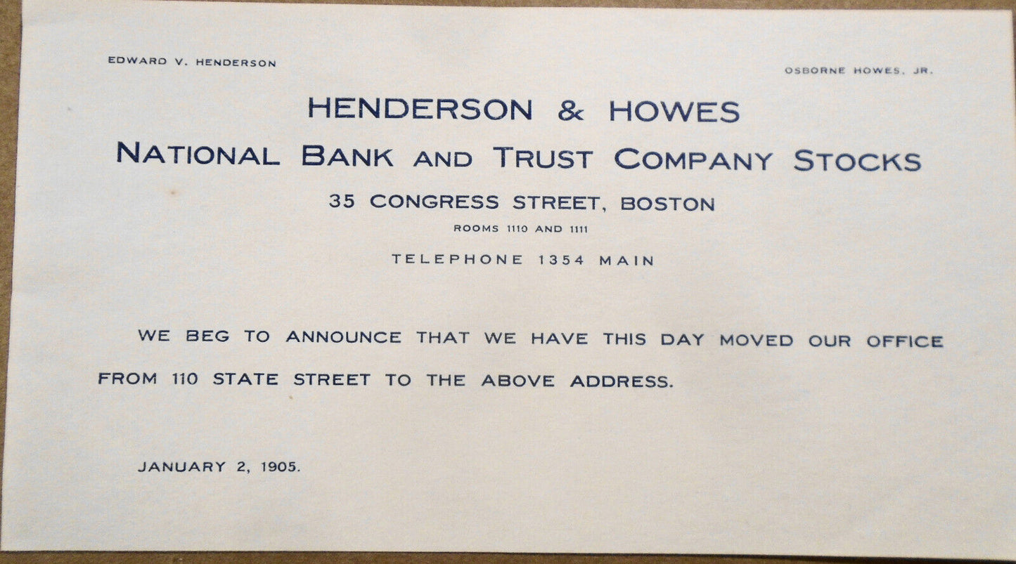 1905 Henderson & Howes, National Bank stocks - Notice of relocation Boston, MA.