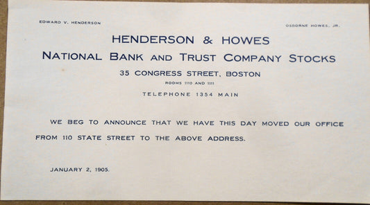 1905 Henderson & Howes, National Bank stocks - Notice of relocation Boston, MA.