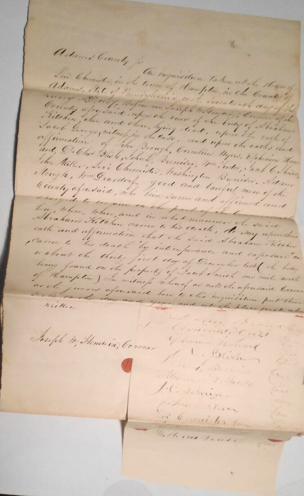 1857  Inquisition on body of Abraham Kitchen from intemperance - Adams County PA