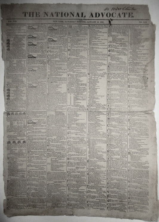 THE NATIONAL ADVOCATE, January 15, 1825 - NY Governor De Witt Clinton's copy