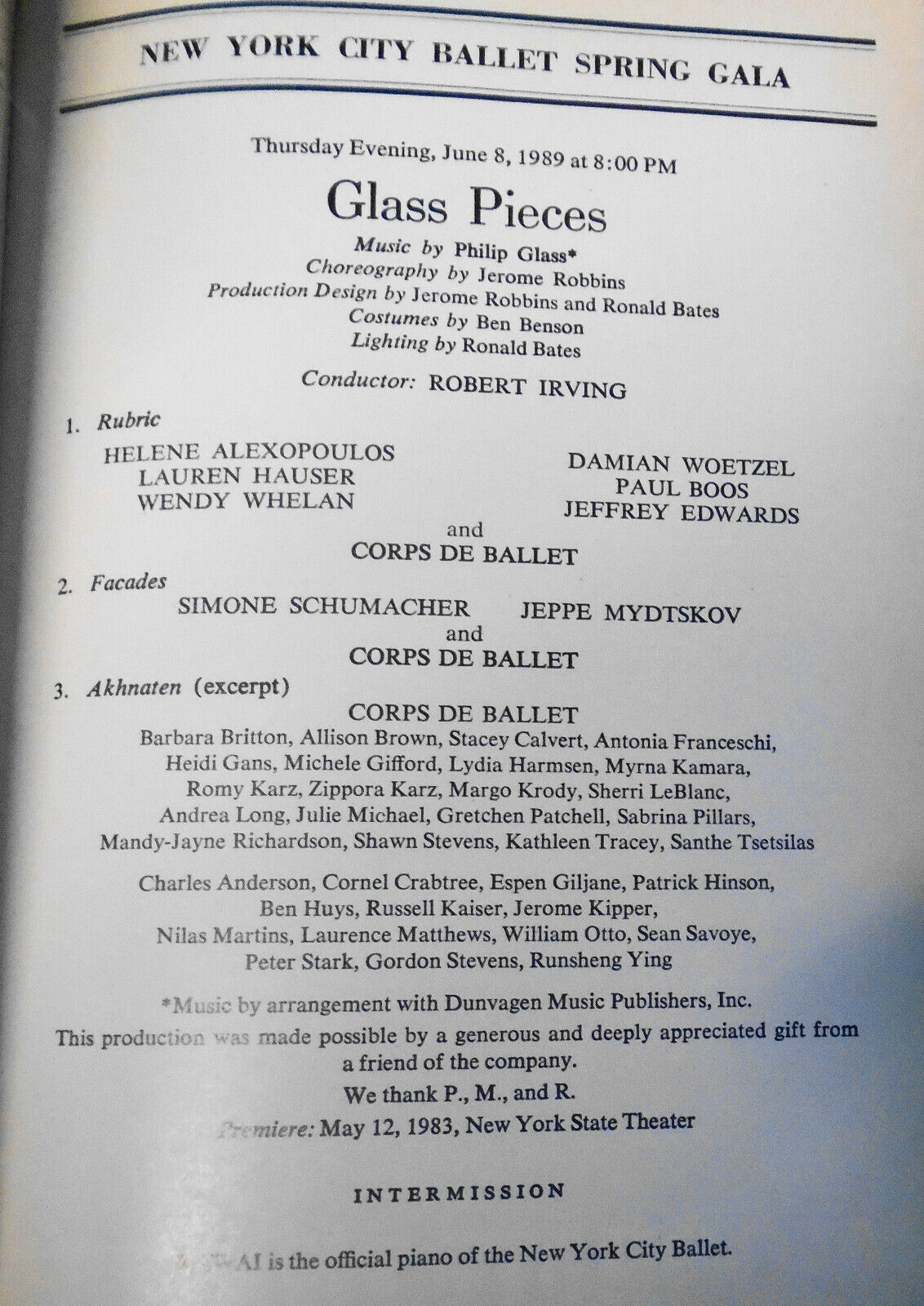 New York City Ballet - Playbill, June 8, 1989. Spring Gala : Glass Pieces / Afte