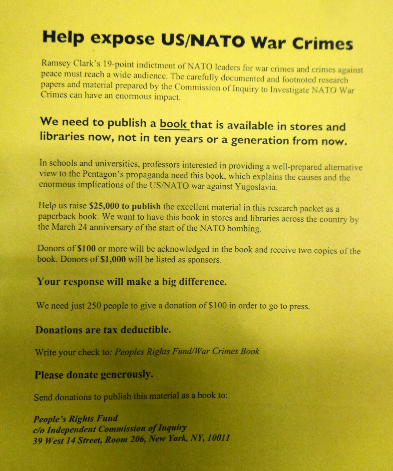 Independent Commission of Inquiry to Investigate US/NATO War Crimes.. Yugoslavia