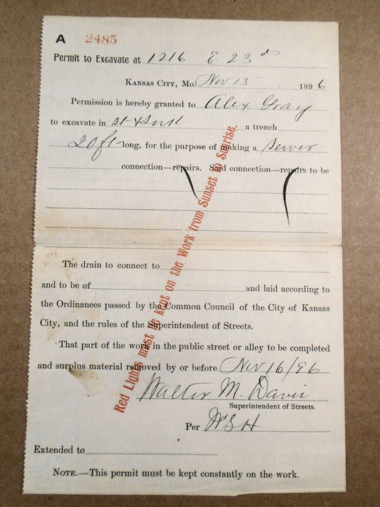 1896 Permit to Excavate a trench to make a sewer connection - Kansas City, MO