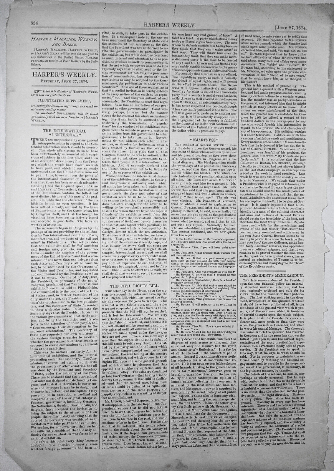 The Horse and His Rider - Harper's Weekly, June 27, 1874 - Front page - 3 prints