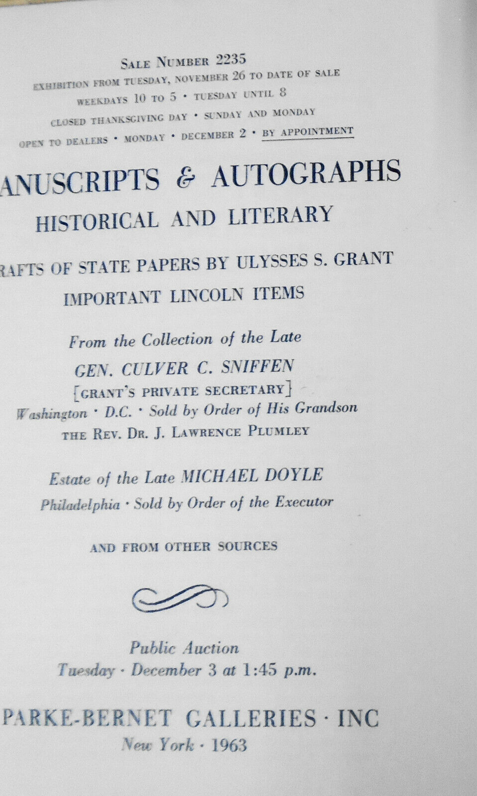American & European Manuscripts : Lincoln & Grant - from Gen Culver Sniffen 1963