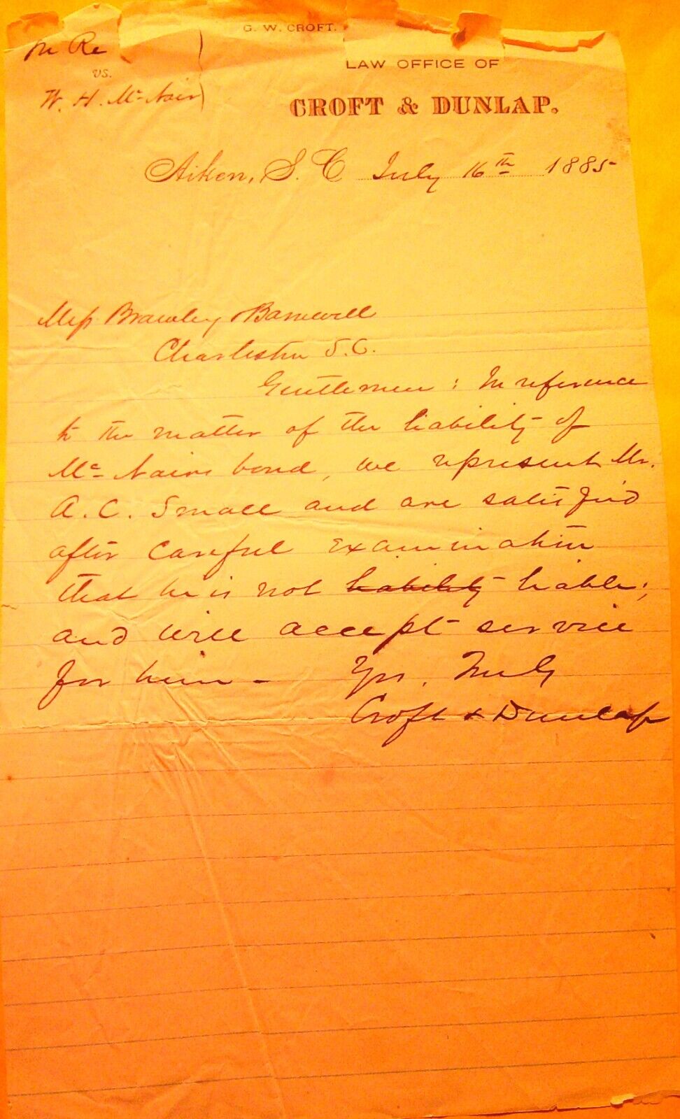 1885 Law Office of Croft & Dunlap, Aiken, South Carolina - Letter on Note paper