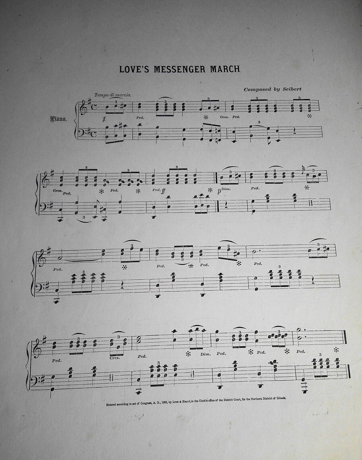 1868 Love's Messenger March, by  V.  B. Aubert - Original Sheet Music