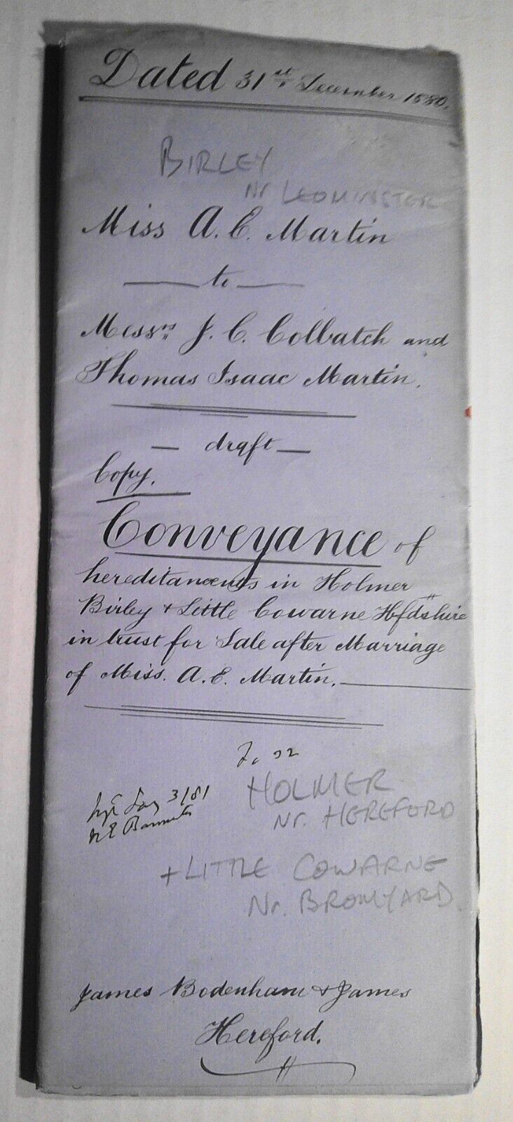 1880 Conveyance of Hereditaments Hereford, England. Miss A E Martin to Colbatch