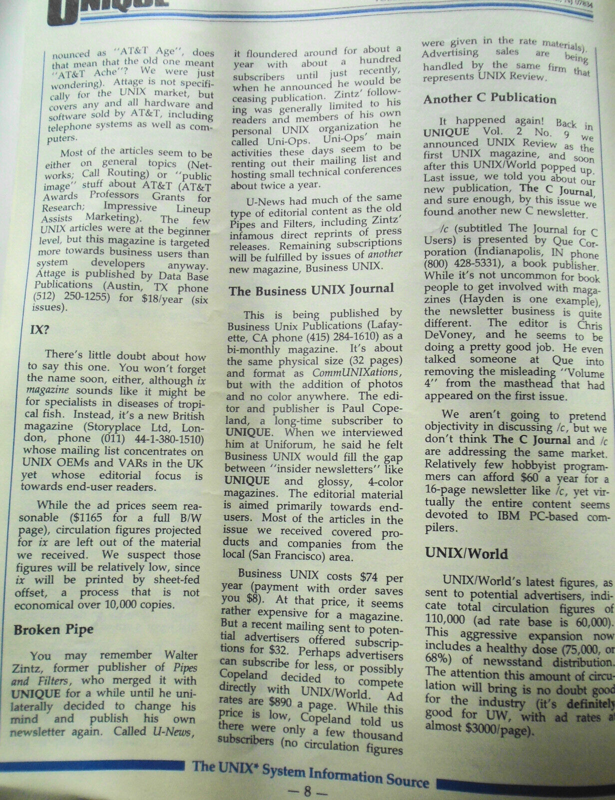 UNIQUE,  Vol. 3, No.  12, 1985 - The UNIX System Information Source