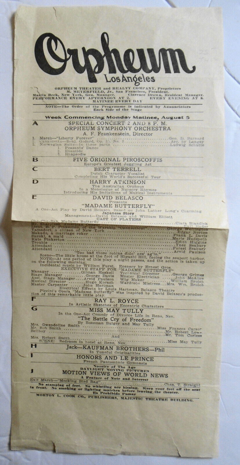 1913 Madame Butterfly - David Belasco Orpheum Theater Los Angeles Clara Blandick