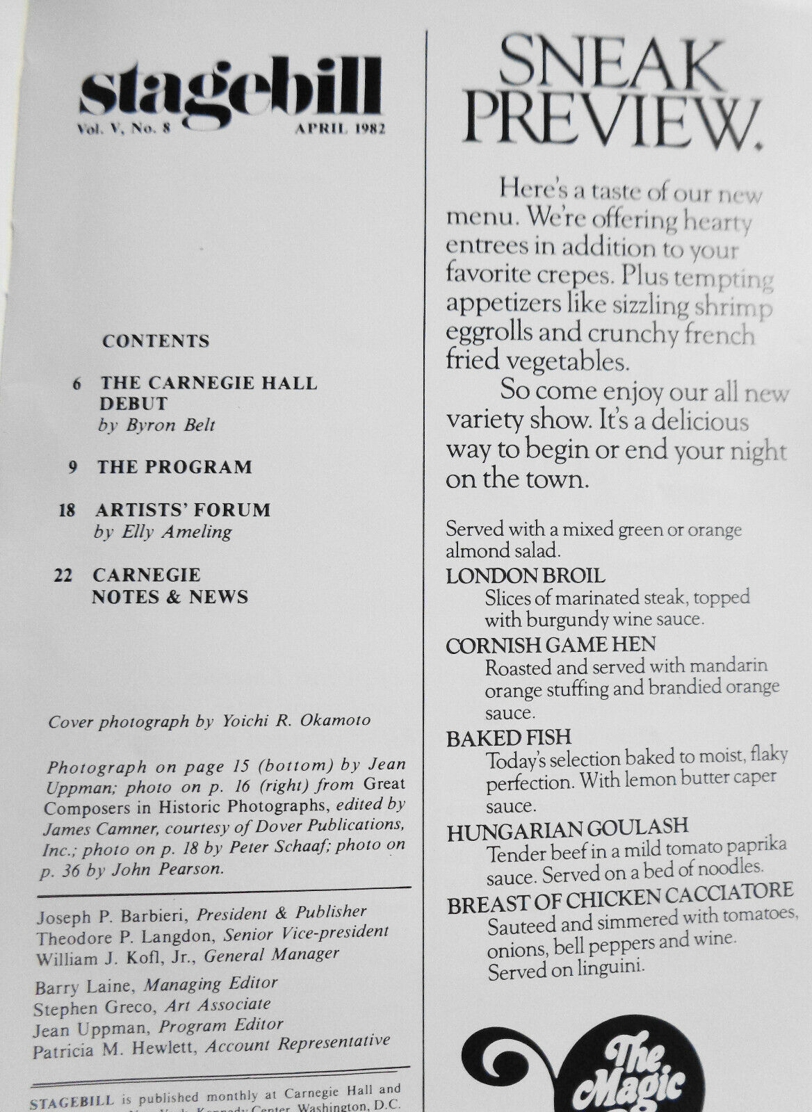 NATIONAL SYMPHONY ORCH - STAGEBILL 1982 Rostropovich, Vishnevskaya, Chookasian