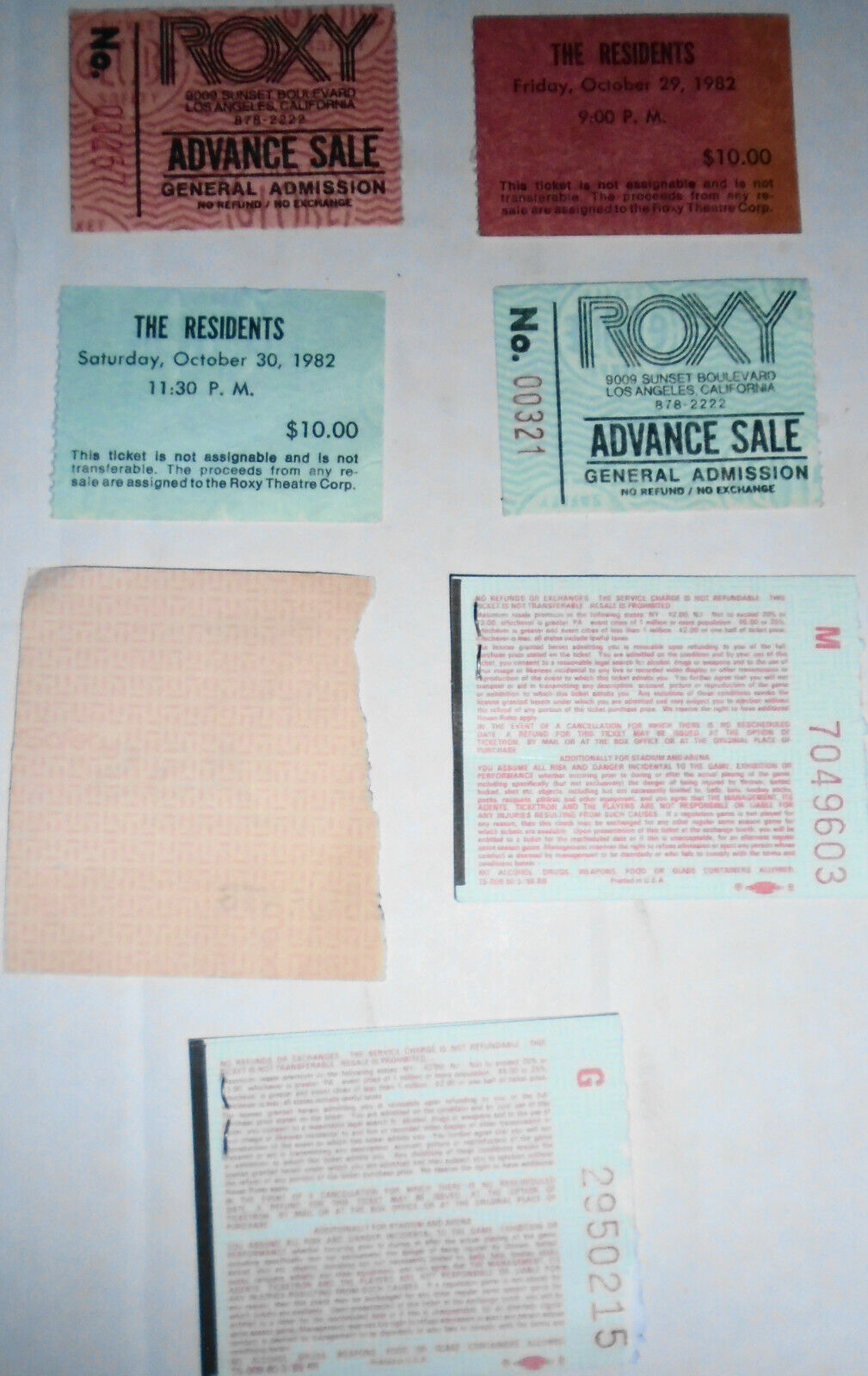 The Residents - 9 concert ticket stubs from the 1980s