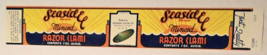 Seaside Brand, Minced Razor Clams. Can Label.