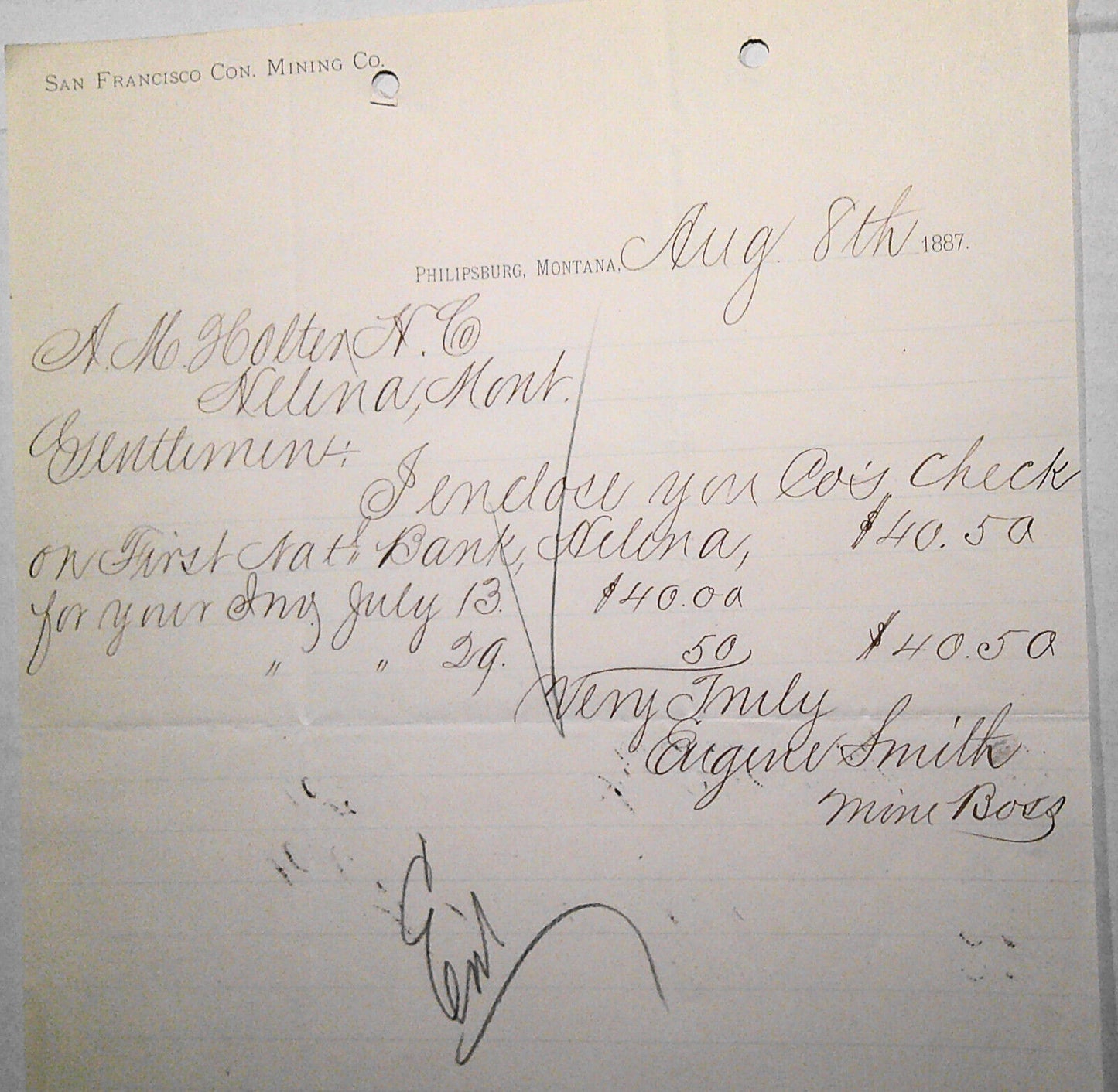 1887 San Francisco Consolidated Mining Co., Philipsburg MT handwritten letter