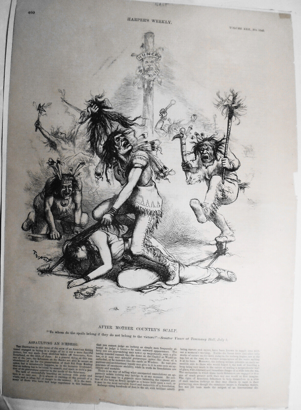 After Mother Country's Scalp.  By Thomas Nast, Harper's Weekly, 1886. Original