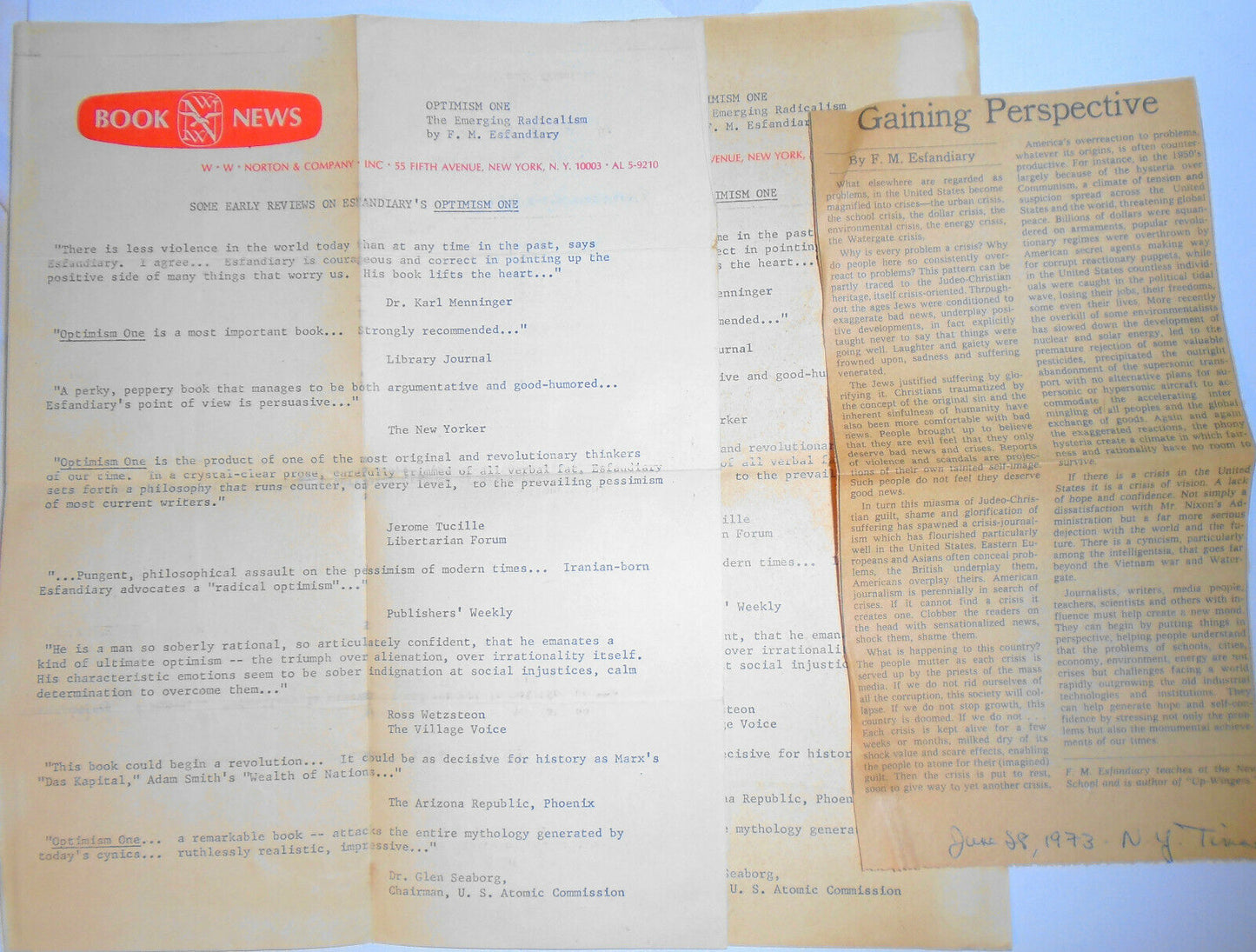 Optimism One : the emerging radicalism, F. M. Esfandiary SIGNED 1st Edition 1970