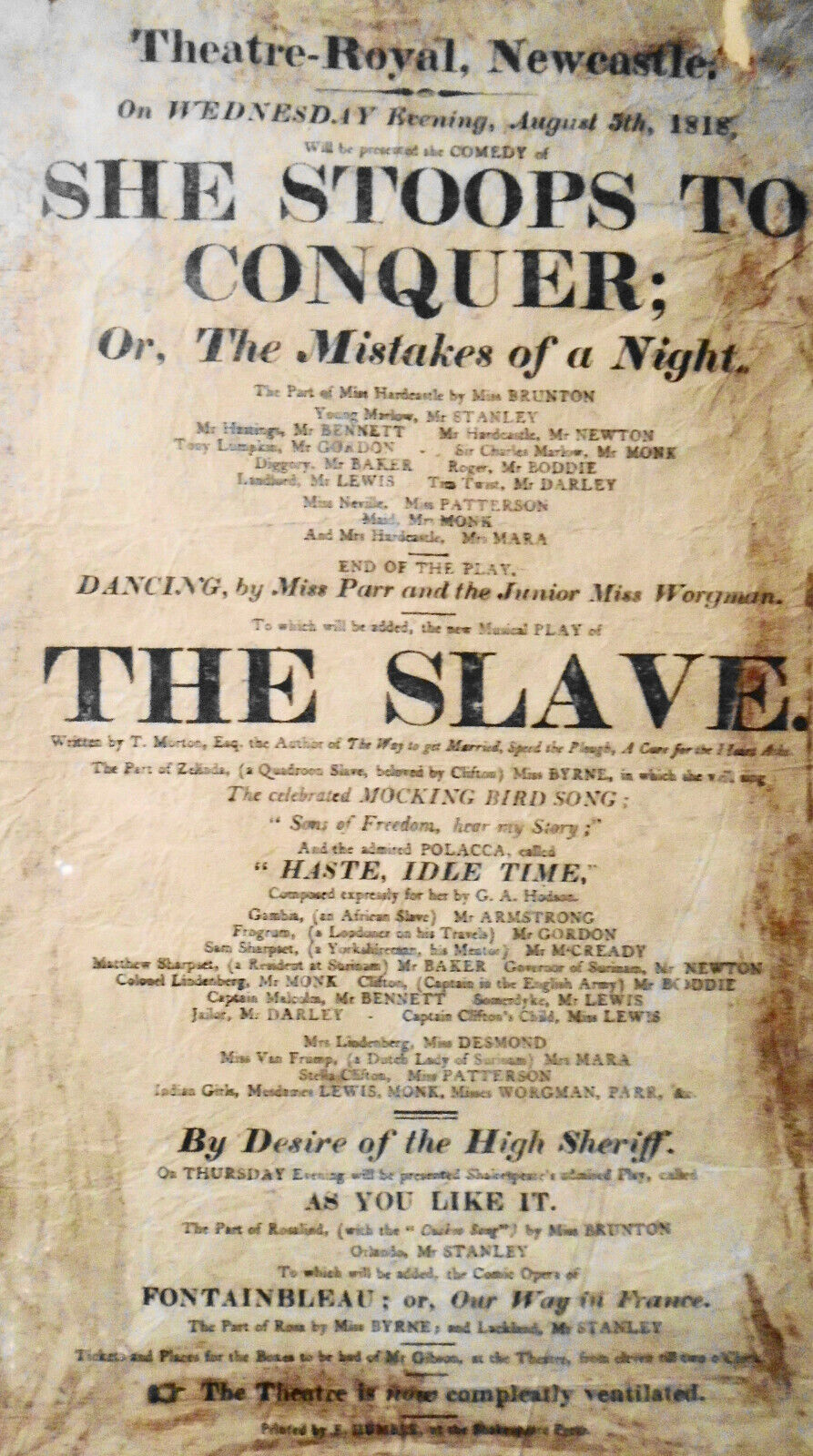 1818 She Stoops To Conquer & The Slave  - Broadside Playbill - Theatre Royal UK