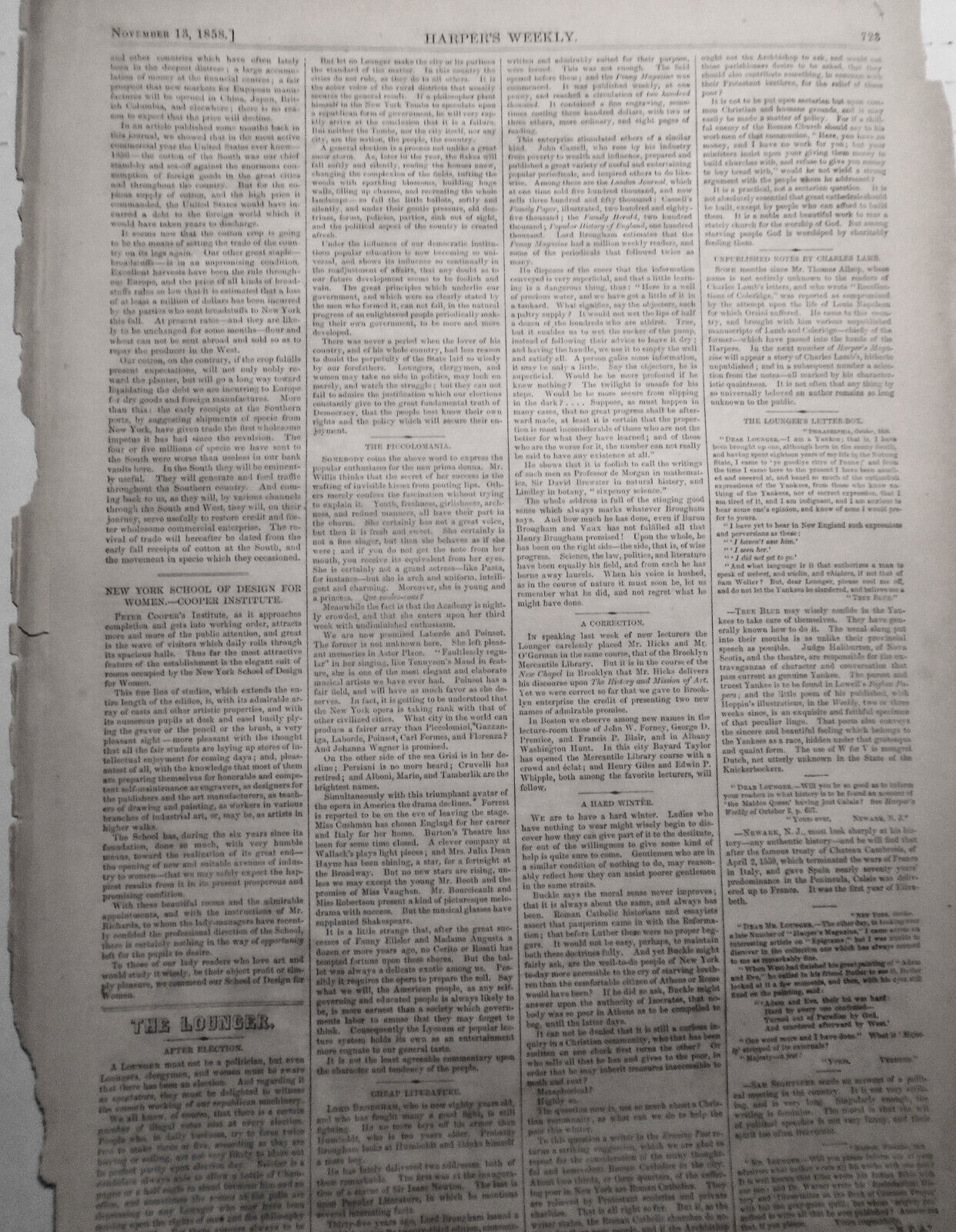 The Late Election (in the US) - Harper's Weekly November 13, 1858 - 2 Prints