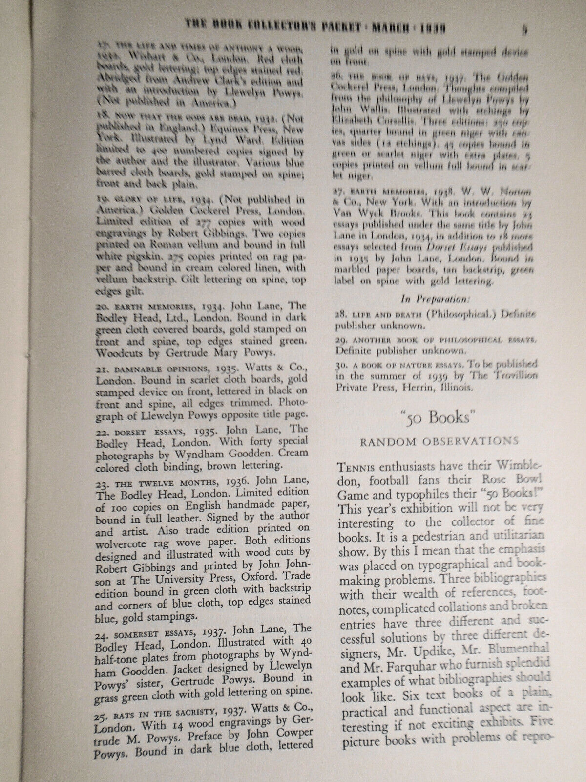 Book Collector's Packet, March 1939 - First Editions of Llewelyn Powys, etc..