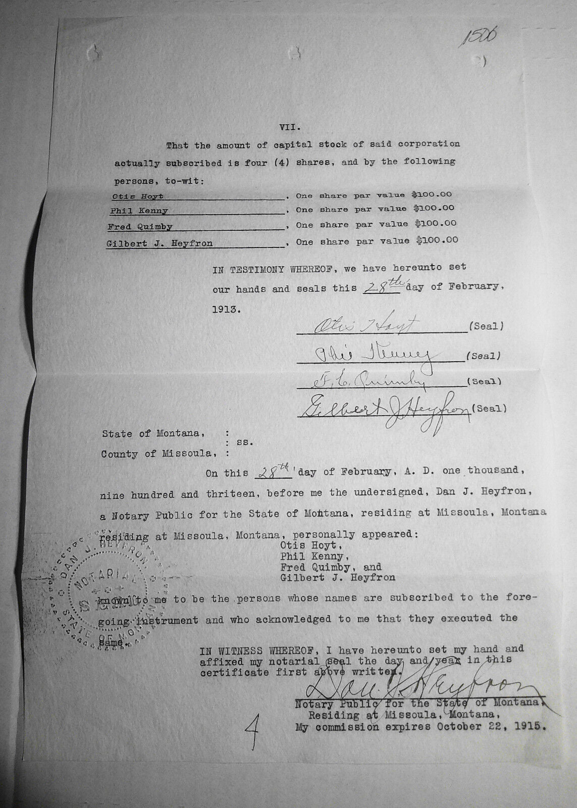 1913 "Missoula Amusement Company" Articles of Incorporation. Original documents.