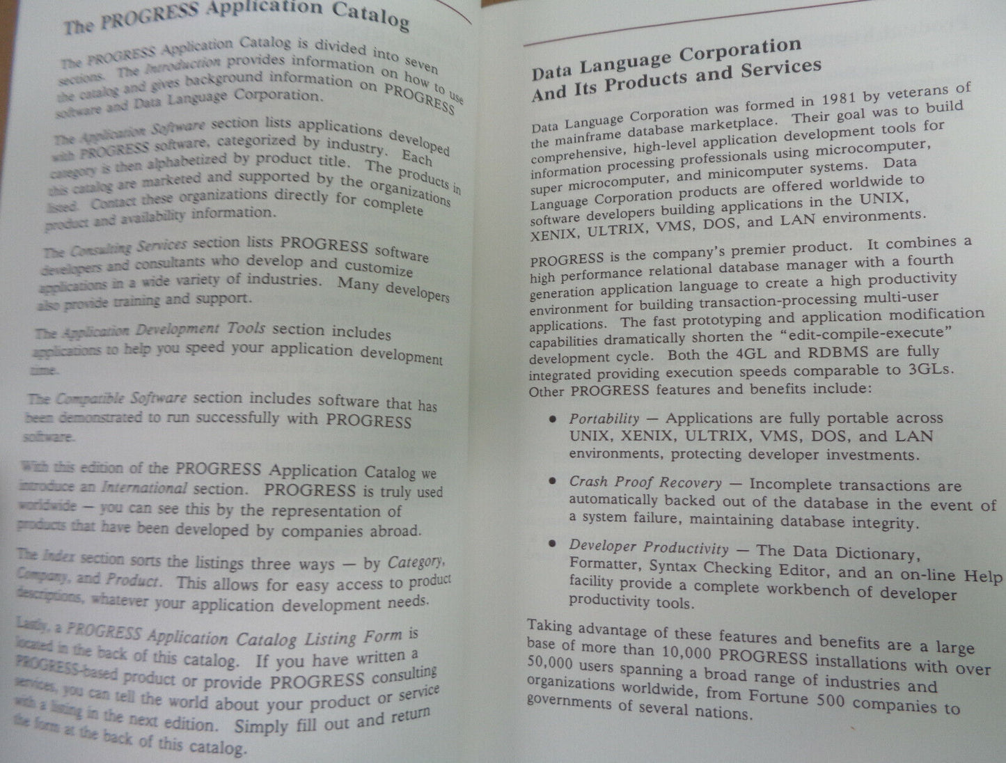 PROGRESS fourth-generation application development system catalog 1987