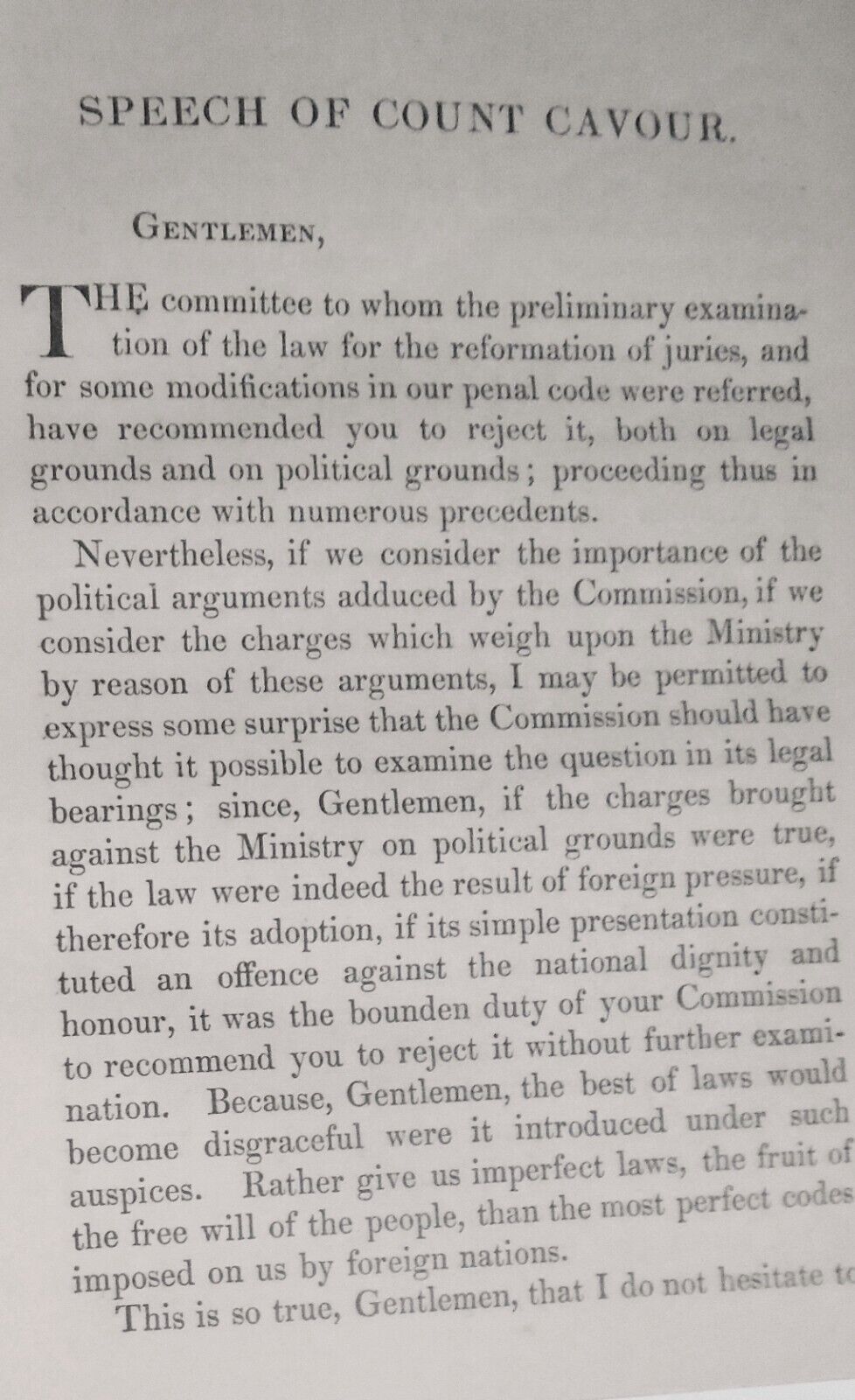 1858 The speech of Count Cavour... foreign sovereigns.. political assassination