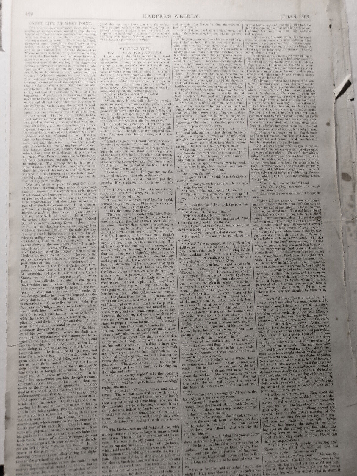 Cadet Life at West Point - Harper's Weekly July 4, 1868 - Double page print