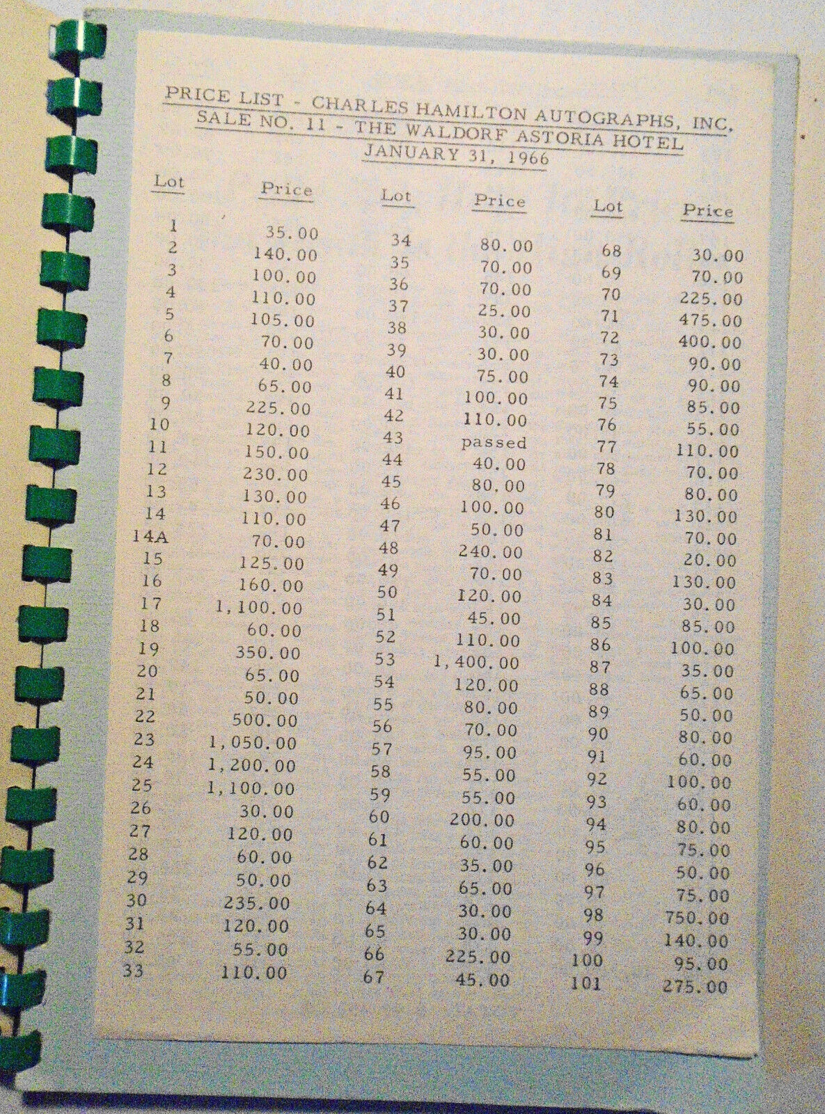 Charles Hamilton - Auction No. 11, Jan. 1966. Catalog with prices realized list