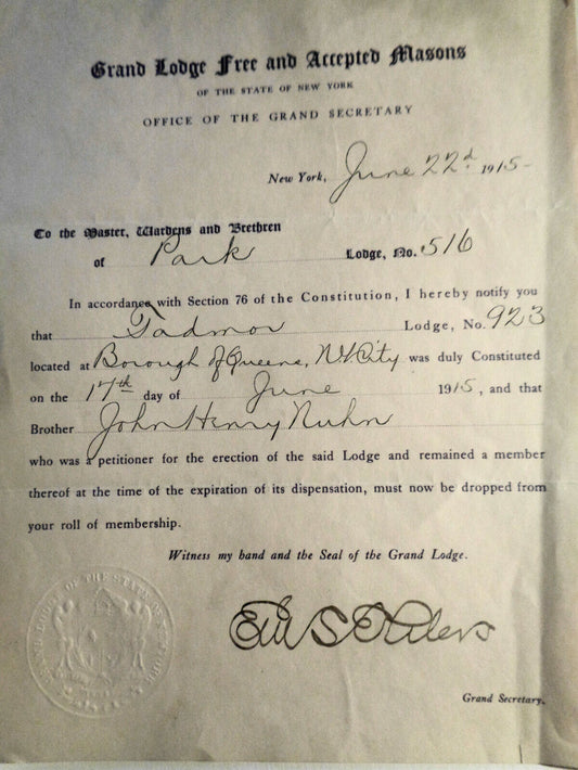Grand Lodge Free and Accepted Masons of NY, Member dropped notice, 1915