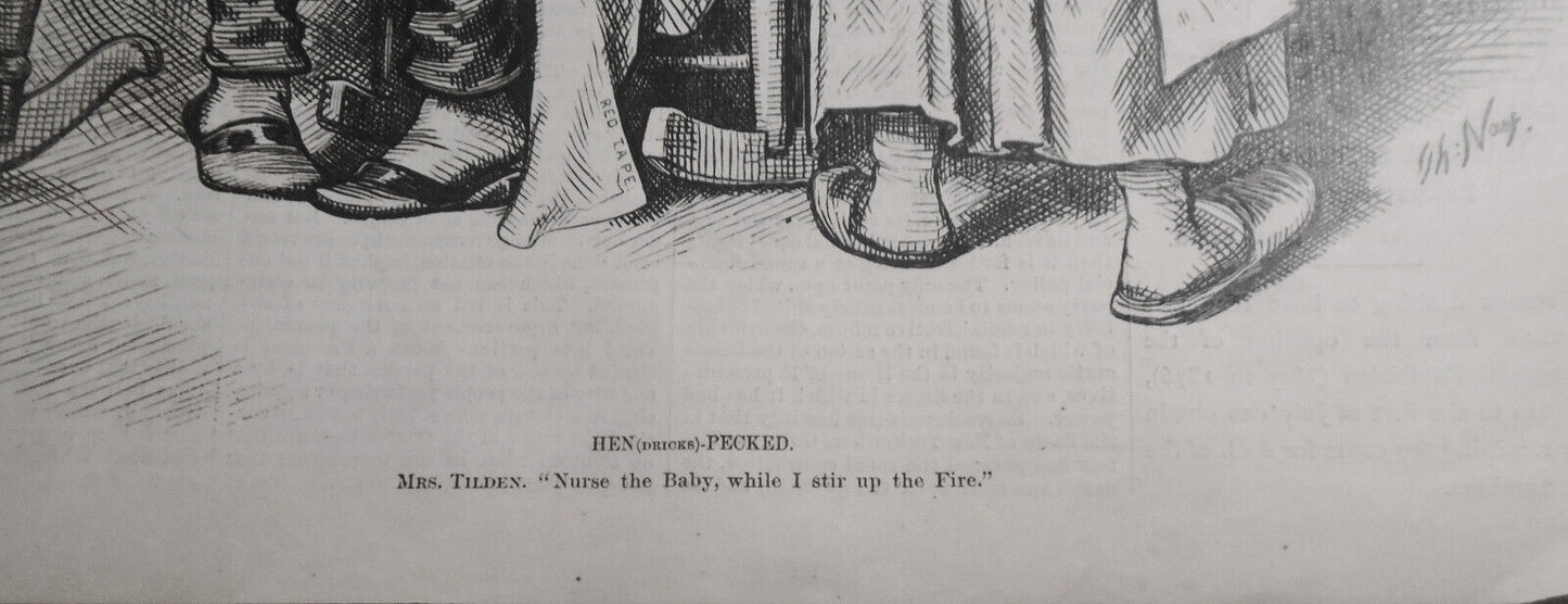 HEN(Dricks)-PECKED - by Thomas Nast, 1876.  Mrs. Tilden: "Nurse the baby..."