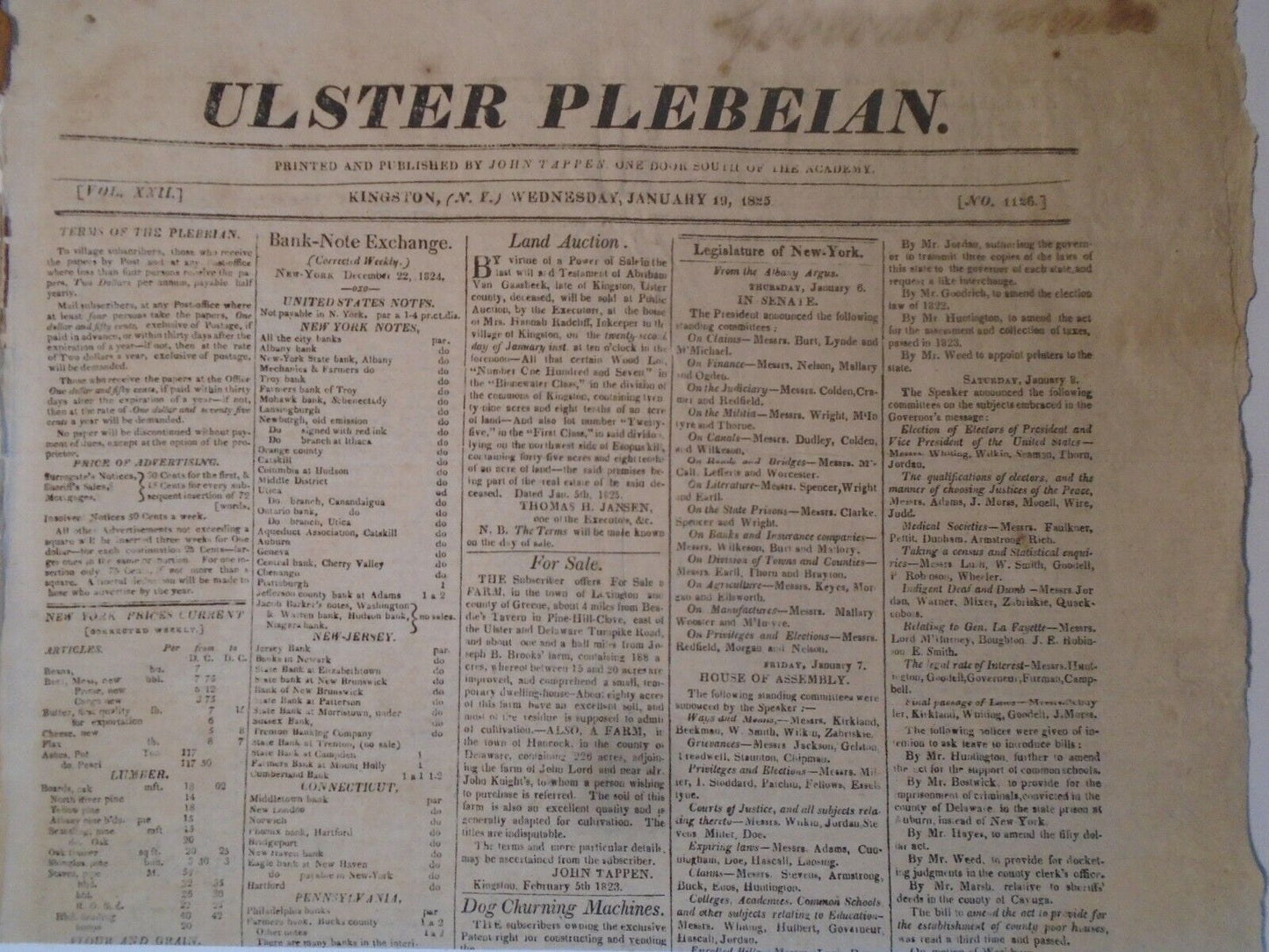 Albany Daily Advertiser January 7, 1825. New York Governor DeWitt Clinton's copy