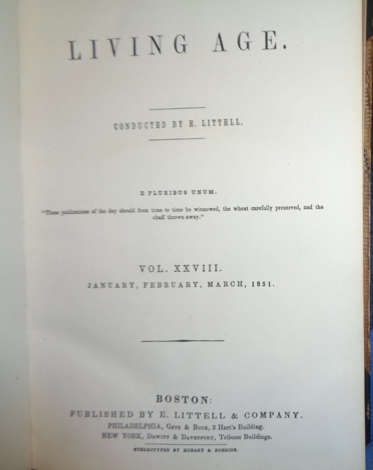 LITTELL'S LIVING AGE VOL 28, JAN THROUGH MAR 1851 Bound volume