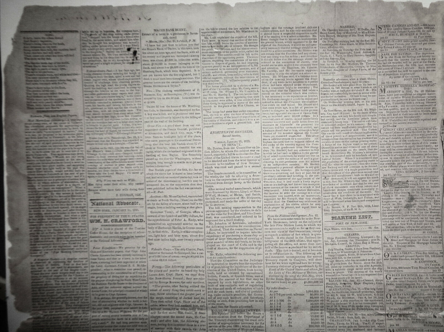 THE NATIONAL ADVOCATE, January 15, 1825 - NY Governor De Witt Clinton's copy