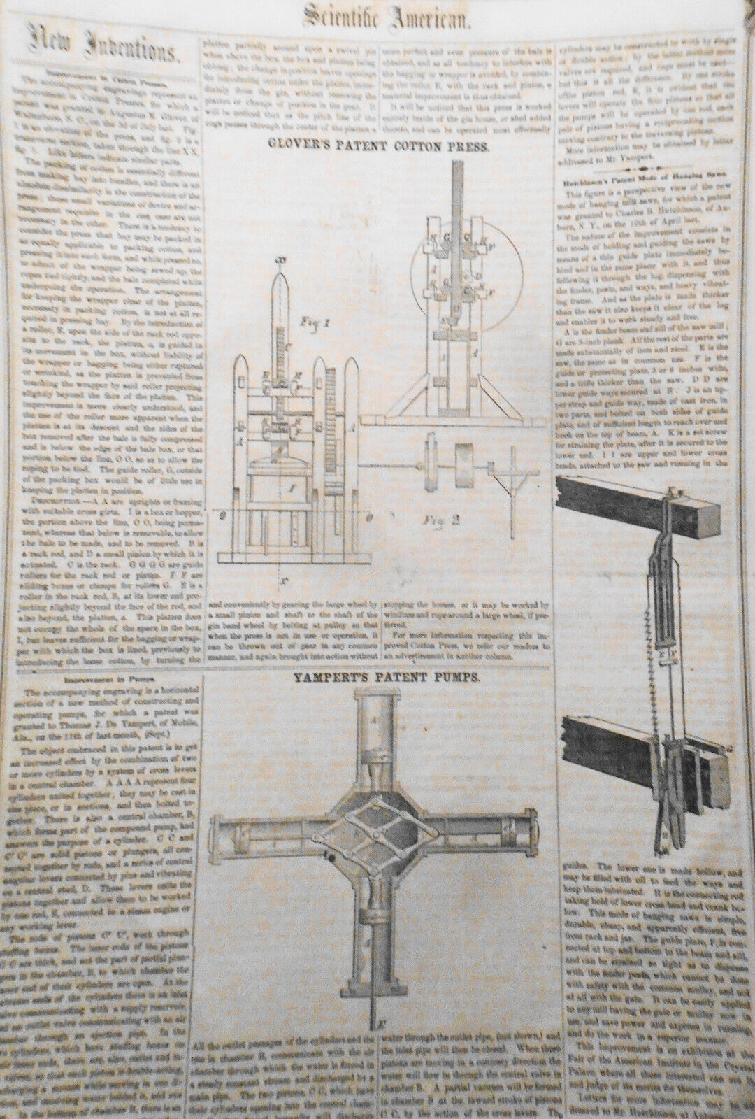 Scientific American, October 6, 1855. Knitting machine; cotton press; alarm bed