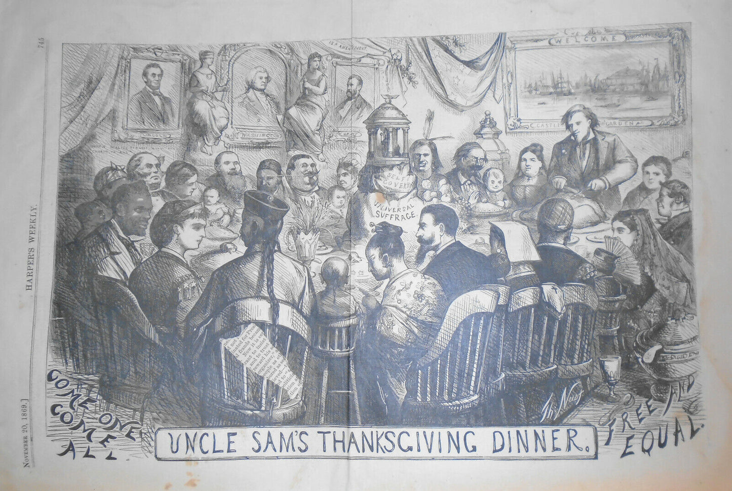 1869 Harper's Weekly: Political Discussion (Blacks); Uncle Sam's Thanksgiving