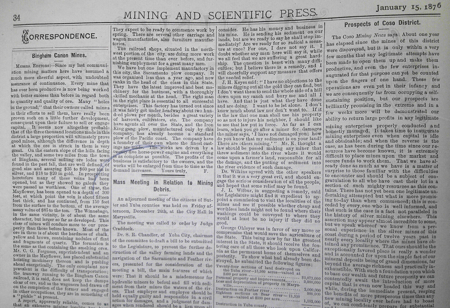 Mining and Scientific Press January 15, 1876. Yellowstone Lake; Colorado Bullion