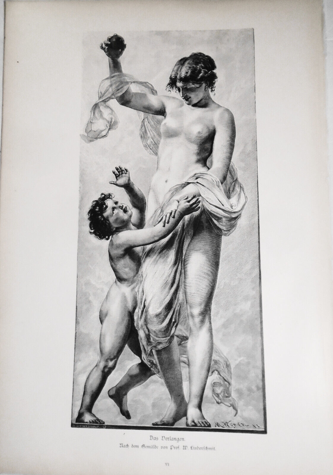 Das Verlangen, by Prof. W. Lindenschmid  -  1886 - Original antique print 16x11"
