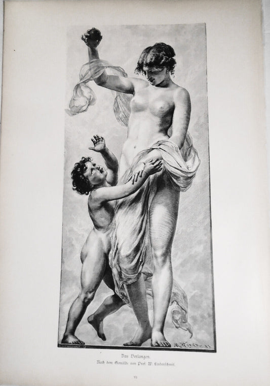 Das Verlangen, by Prof. W. Lindenschmid  -  1886 - Original antique print 16x11"