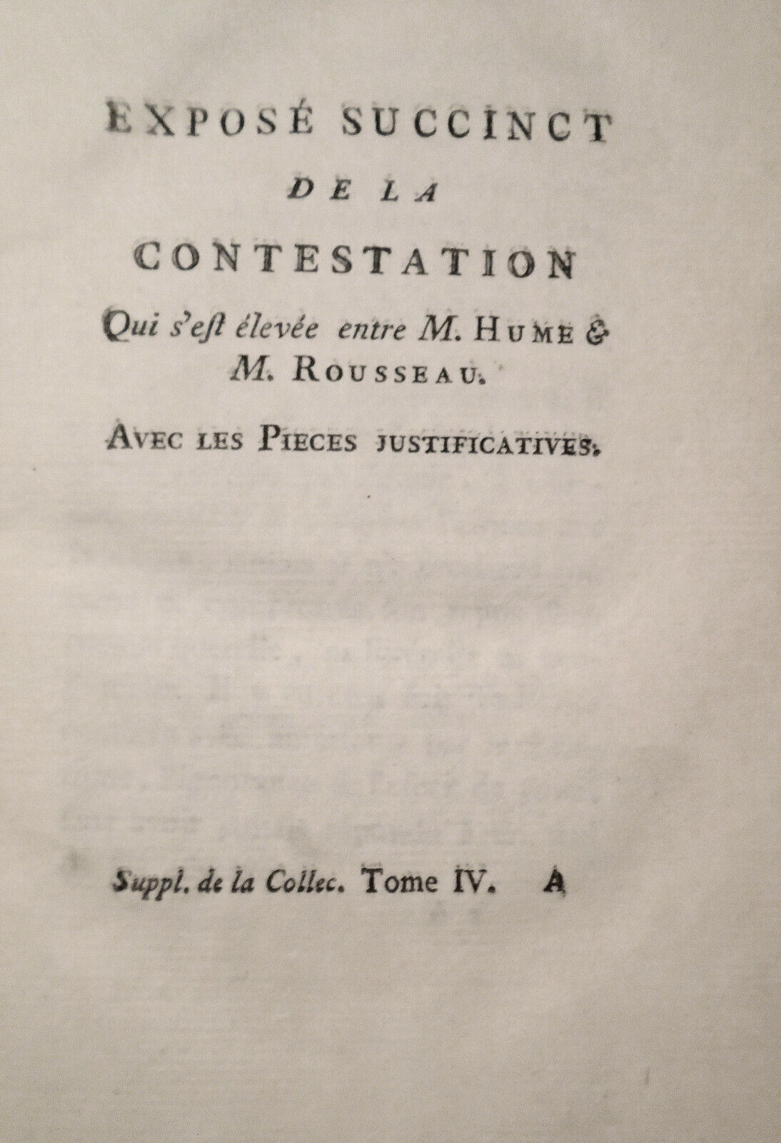 1782 Supplement Collection Des Oeuvres De Jean Jacques Rousseau, Tome Quatrieme