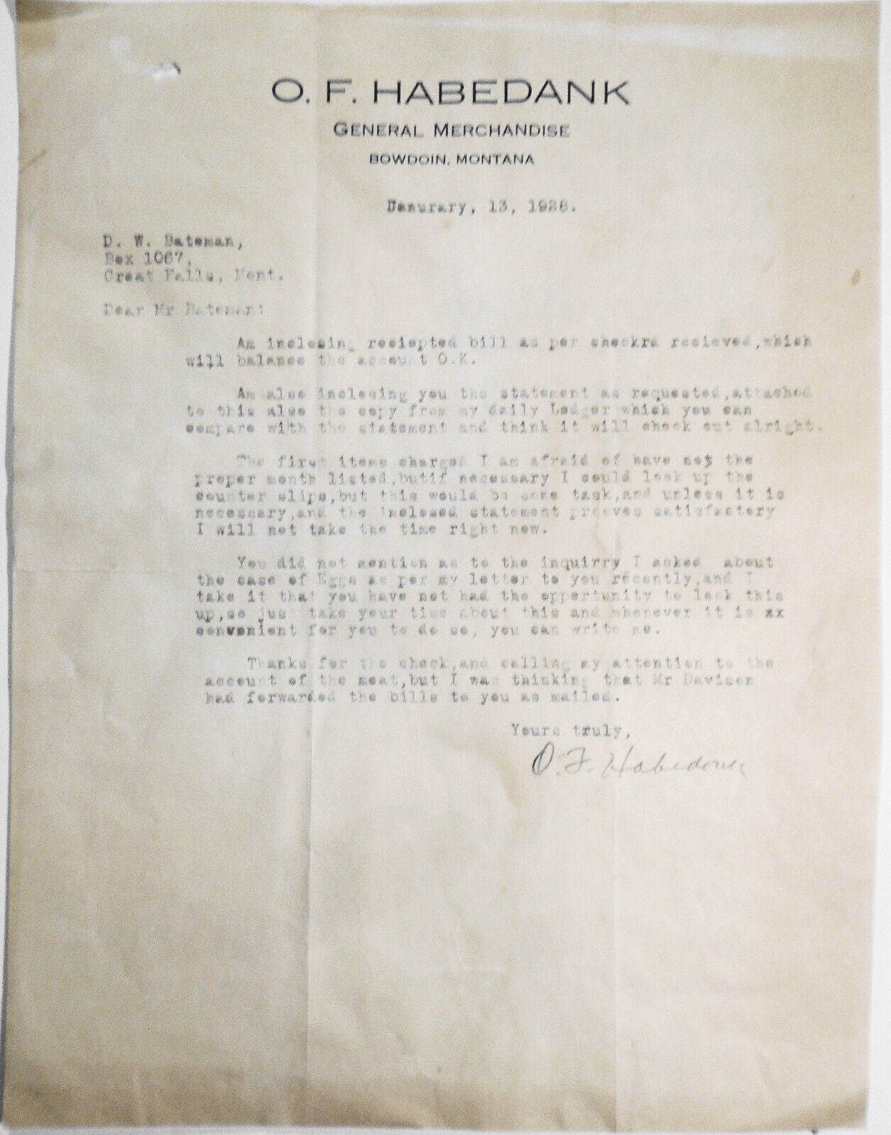1928 O. F. Habedank, Bowdoin, MT Signed letter - General Merchandise
