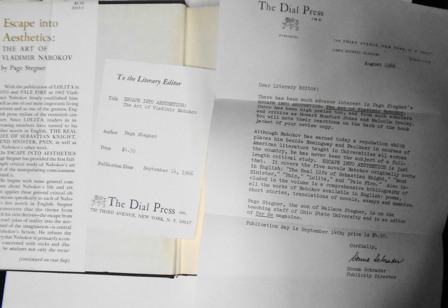 Escape into Aesthetics -The Art of Vladimir Nabokov, by Page Stegner. 1st 1966