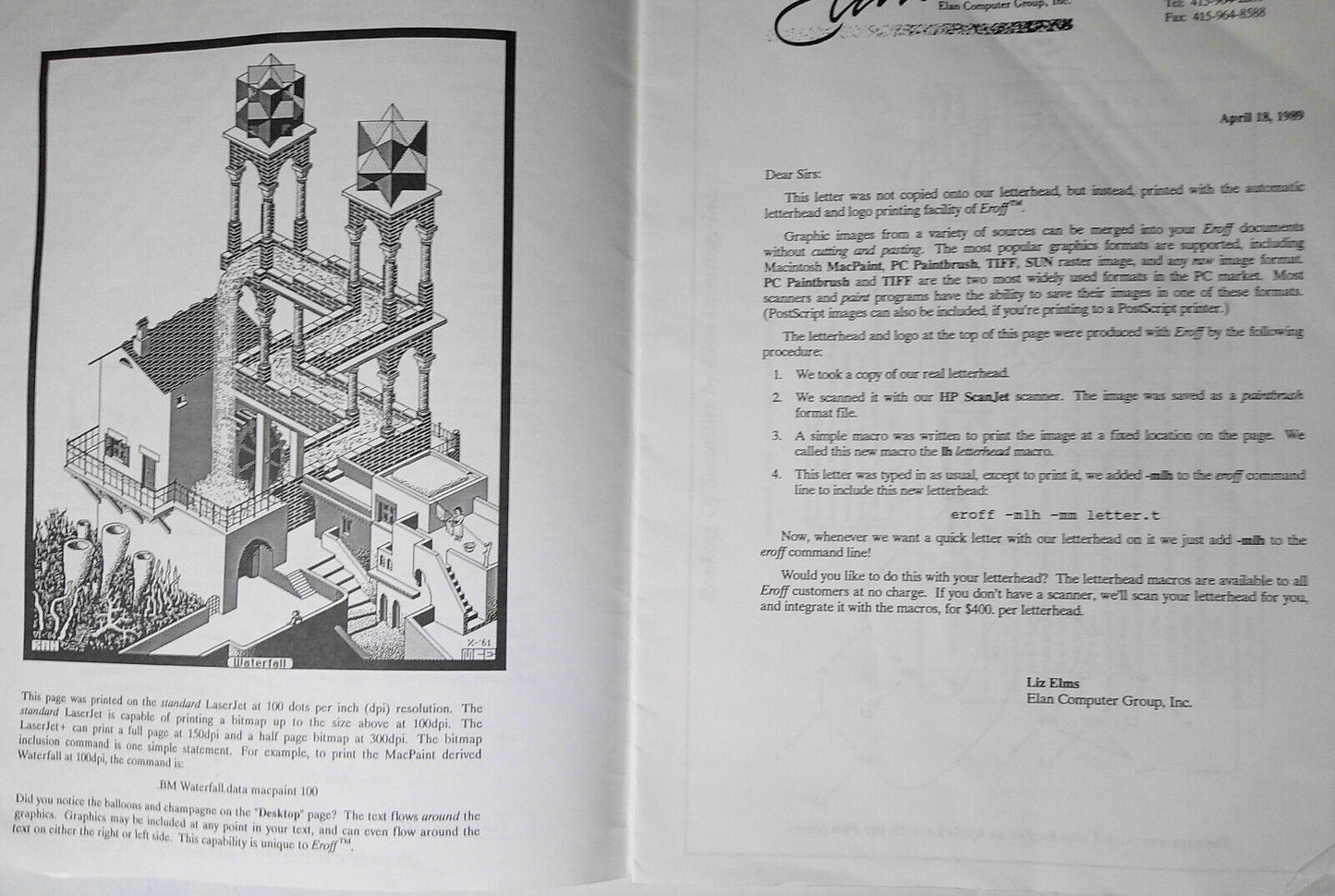 Eroff, by Elan Computer Group. 1989 UNIX Typesetting system Descriptive brochure