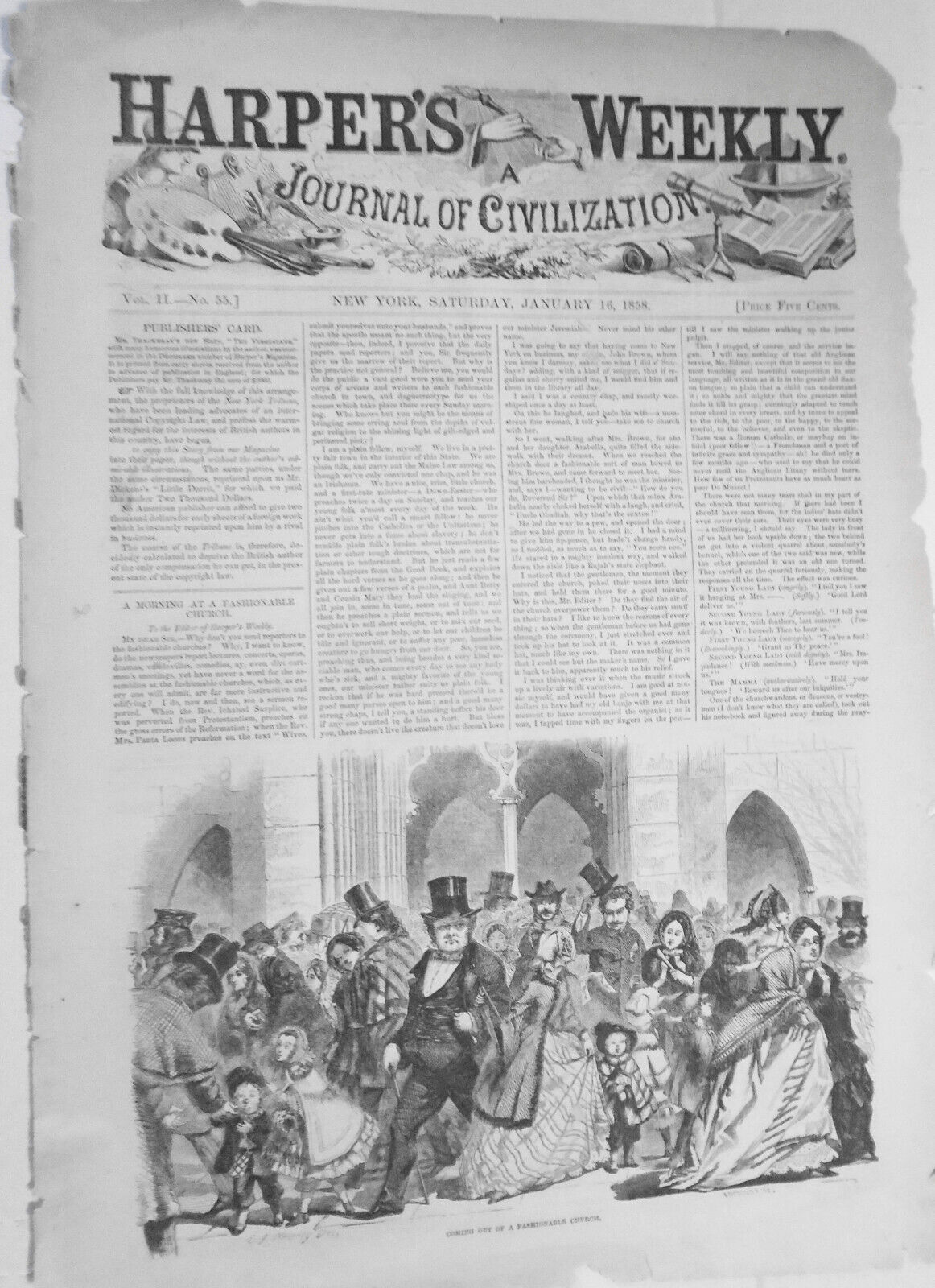 Coming Out of a Fashionable Church - Harper's Weekly, January 16, 1858 engraving