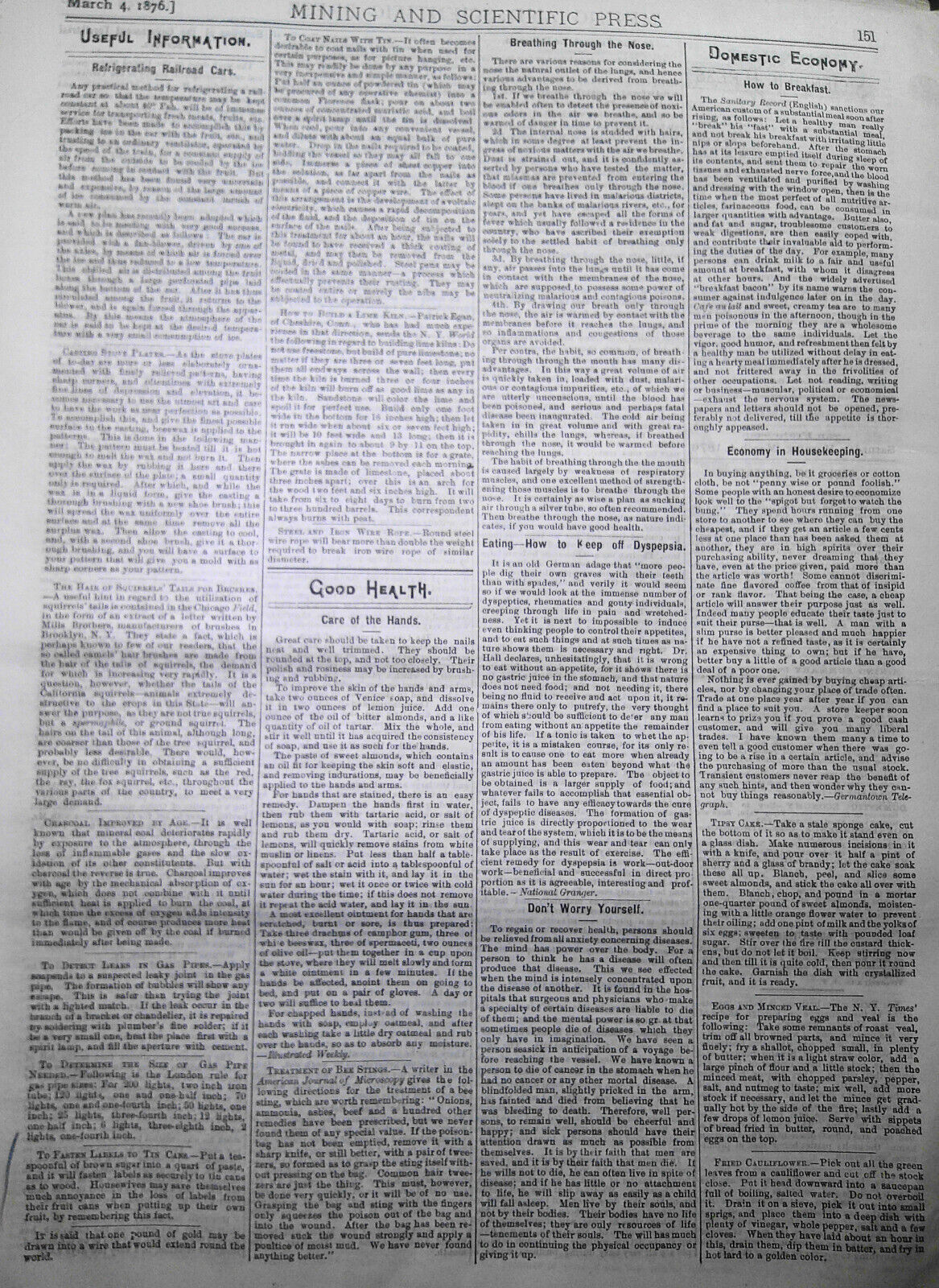 Mining and Scientific Press, March 4, 1876. Bonanza Mines; Bigelow Engine; etc