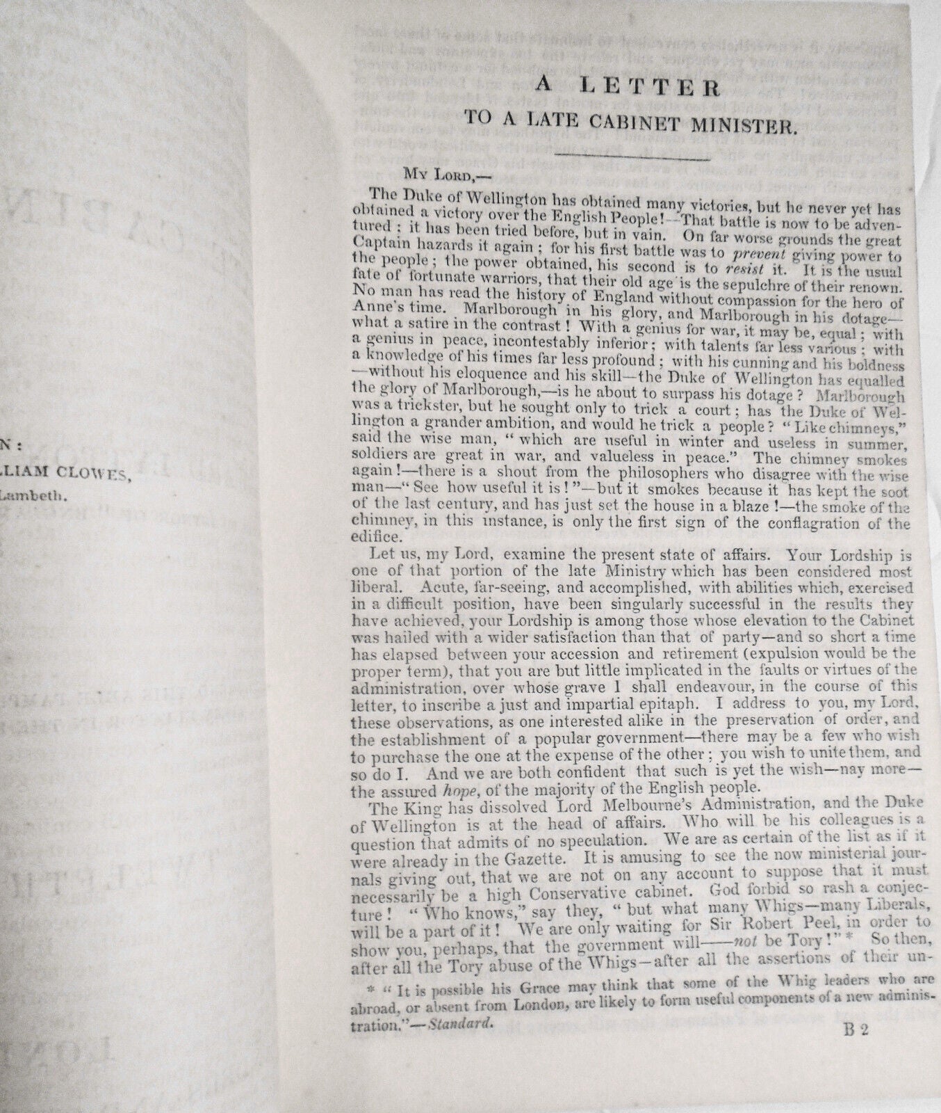 1834 The Present Crisis. Letter to Late Cabinet Minister - Edward Bulwer Lytton