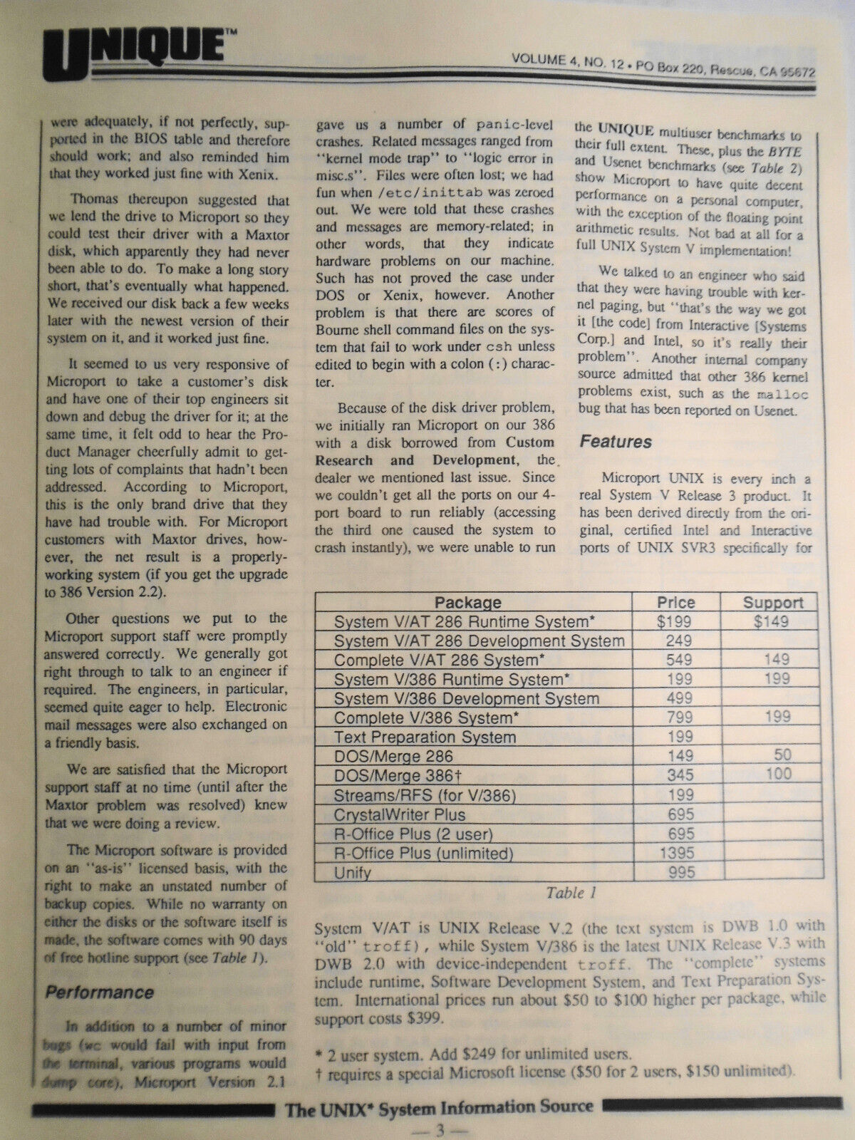 UNIQUE: The UNIX System Information Source  Nov. 1987 - 386 Wars; SCO, Microport