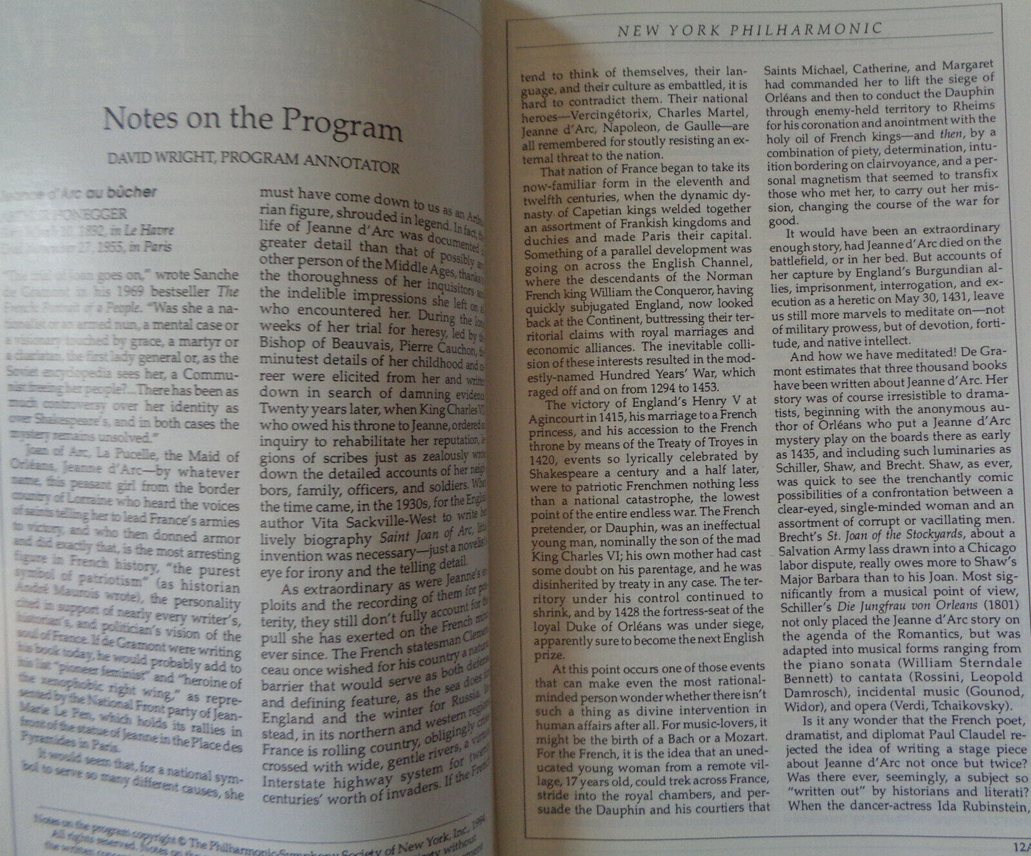 JEANNE D' ARC AU BUCHER - STAGEBILL - APRIL 1994 Kurt Masur, NY Philharmonic