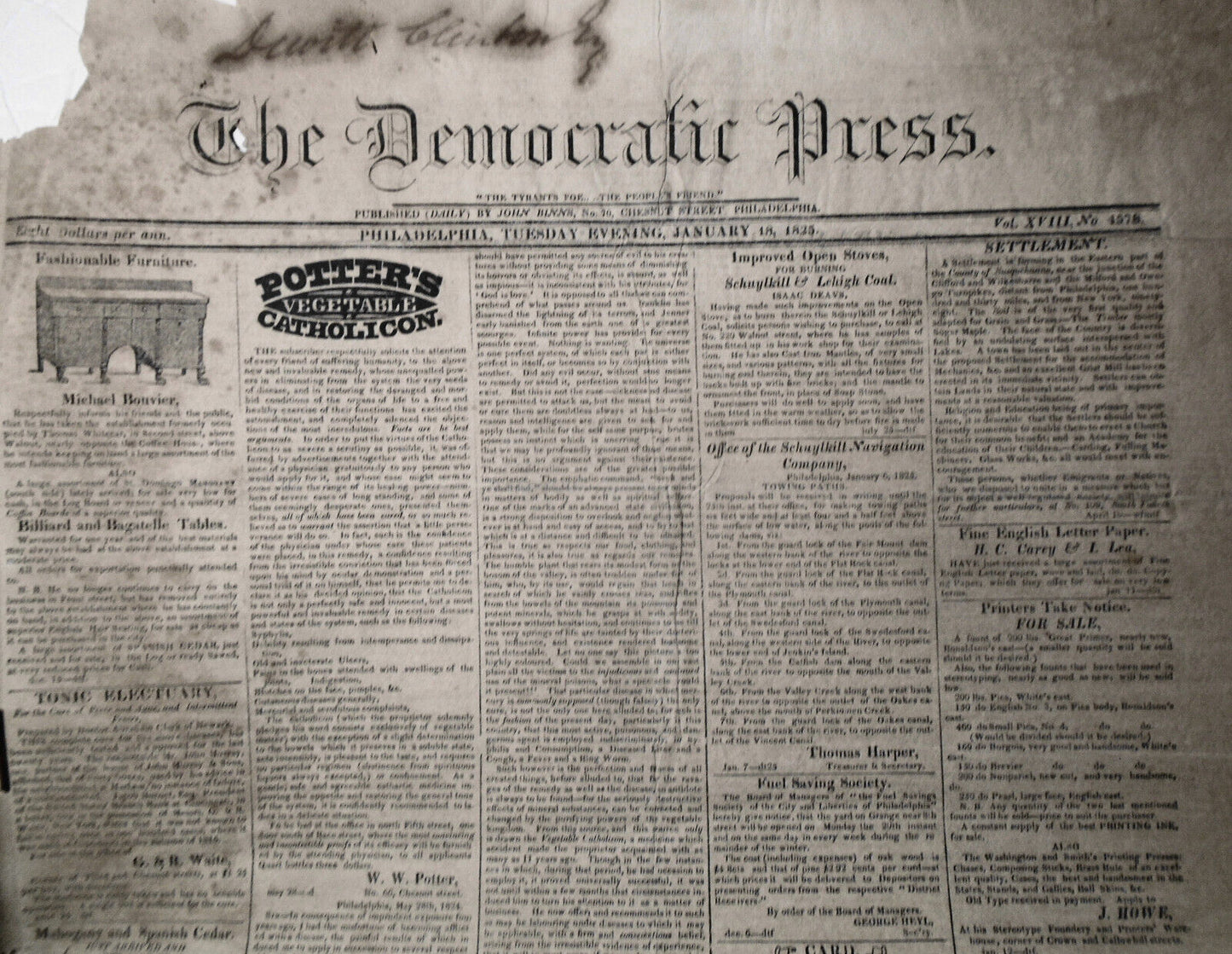 The Democratic Press,  January 18, 1825. Coal supply; Jefferson's 36 ballots etc