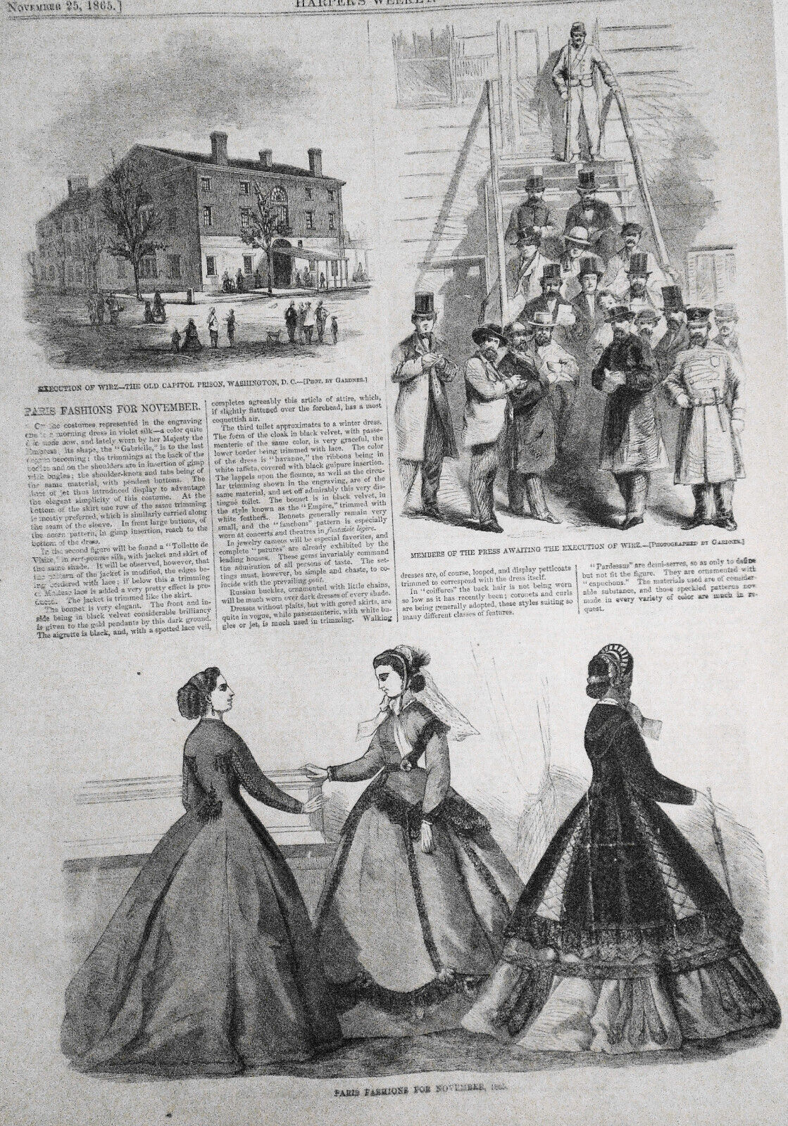 Execution of Captain Wirz. Original, Story & 4 Prints - Harper's Weekly, 1865