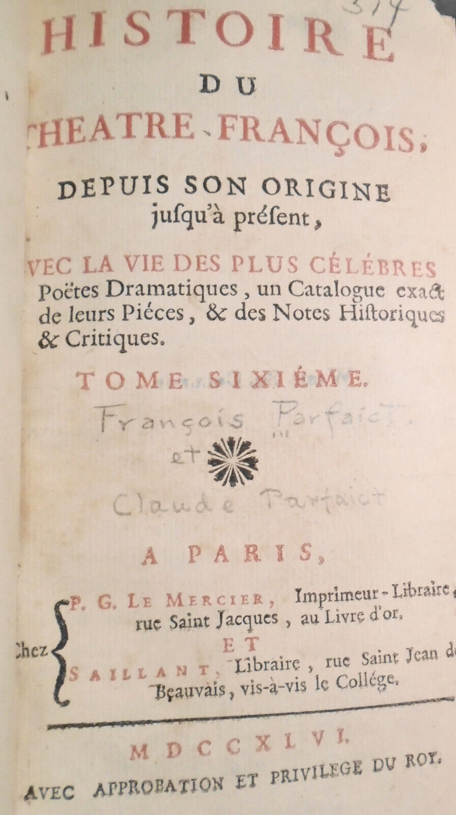 1746 Histoire Du Theatre Francois Tome 6. Corneille, Gilbert, Scudery, et al.